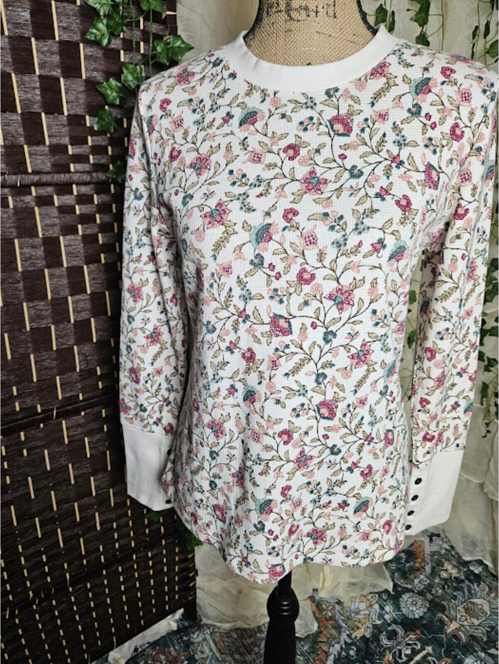 Wonderly Floral Waffle Knit Thermal Top Small Cottagecore Fairycore Long Sleeve - Picture 1 of 5